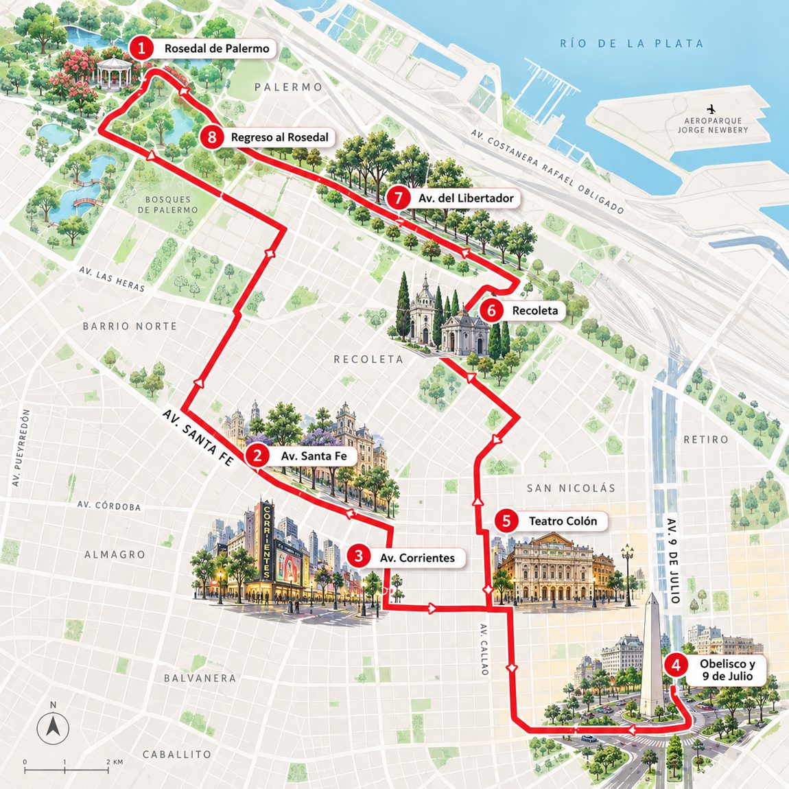 Mapa ilustrado del recorrido de 15 km: Rosedal de Palermo, Av. Santa Fe, Av. Corrientes, Obelisco y 9 de Julio, Teatro Colón, Recoleta, Av. del Libertador y regreso al Rosedal